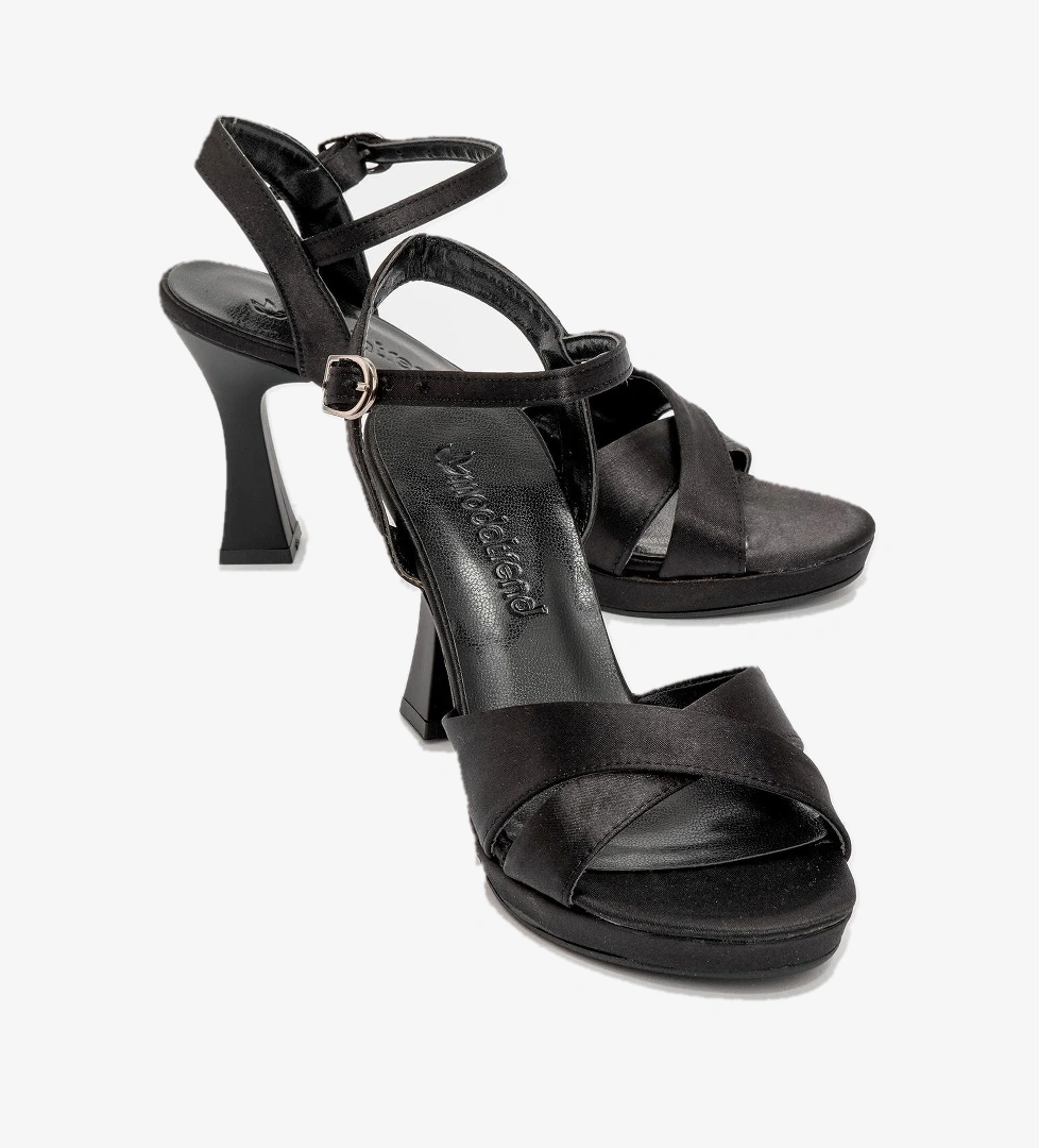 Kadın Çapraz Bantlı Topuklu Sandalet SİYAH SATEN - Görsel 1