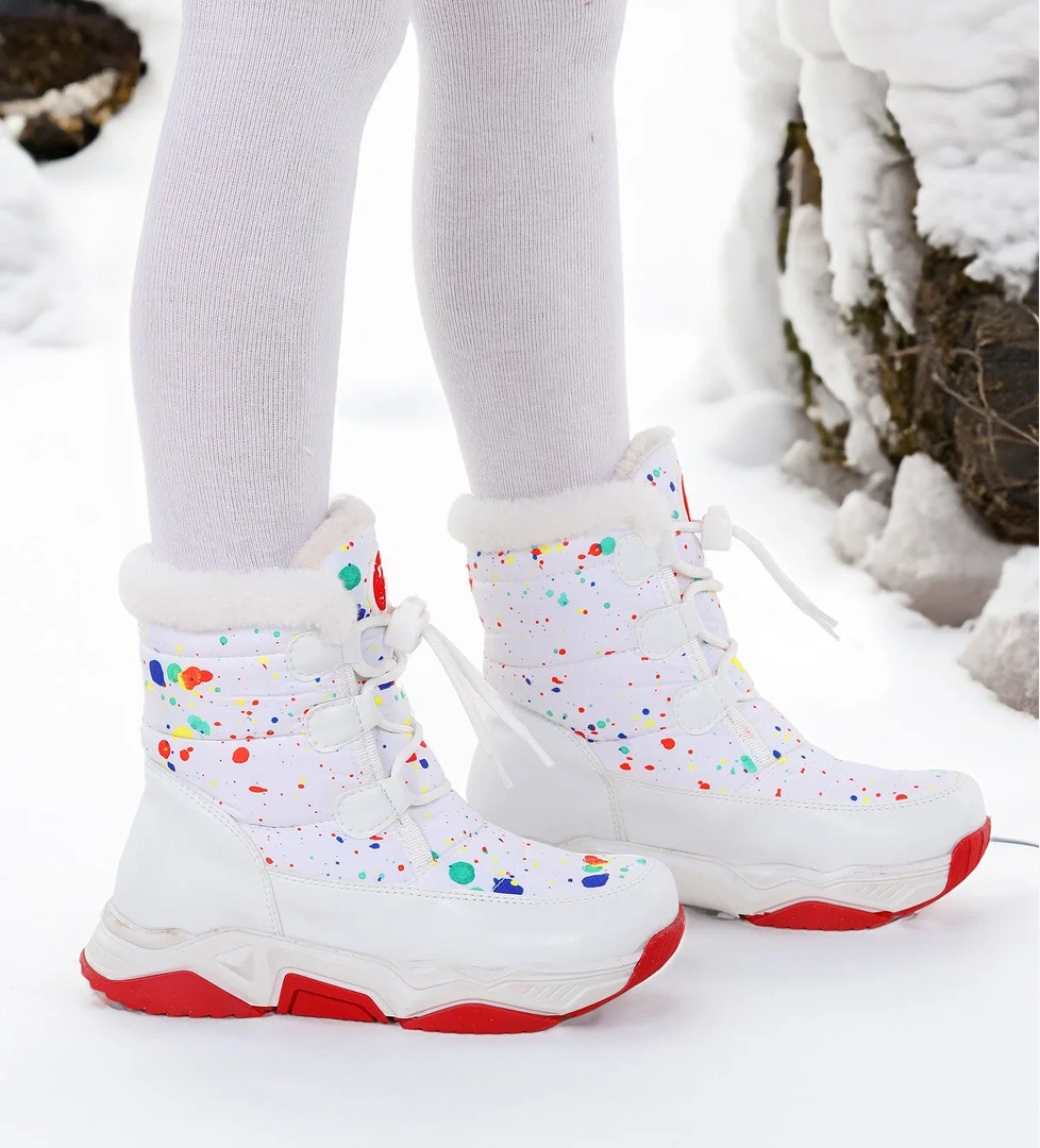 Bambu Bağcıklı Kız Çocuk Kar Botu Beyaz - Kırmızı