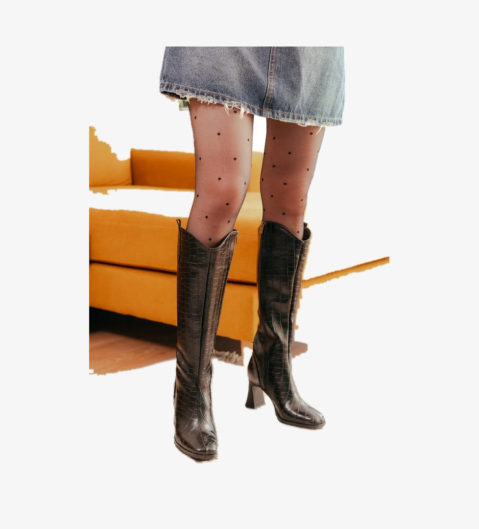 Gita Siyah Krokodil Topuklu ( 8 cm Topuklu ) Yanı Fermuarlı Günlük Kullanım Çizme