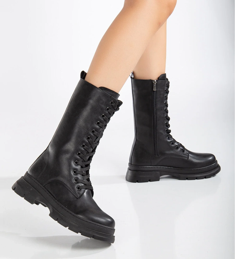 Kadın Siyah Kalın Termo Taban Bağcıklı ve Fermuarlı Çizme