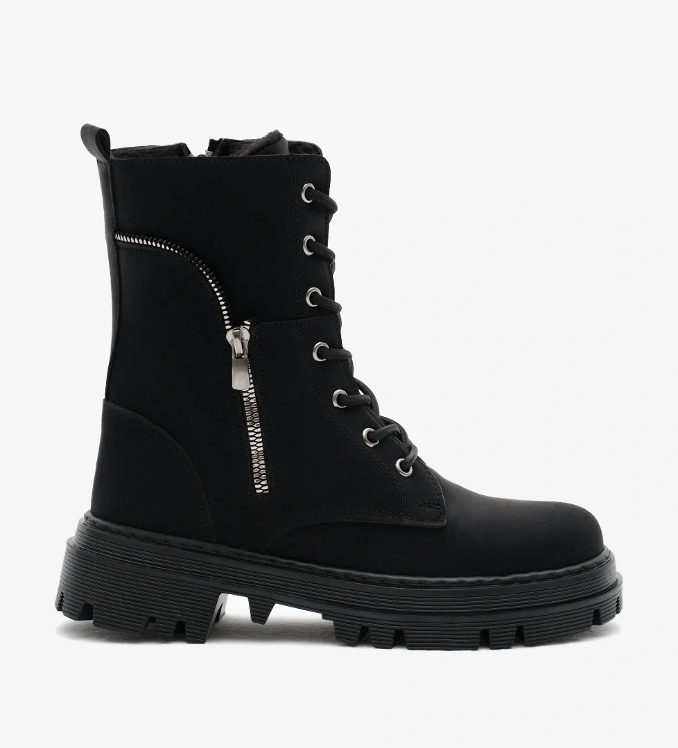 Kadın Siyah Mat Termo Taban Yanı Fermuar Desenli Bağcıklı ve Fermuarlı Bot