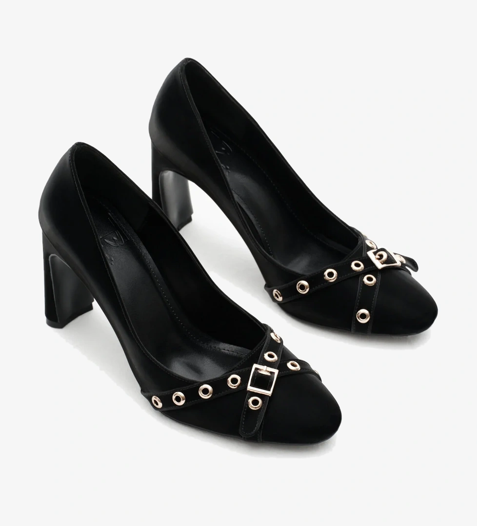 Tonny Black Kadın Siyah Taş Neolit Taban Önü Şerit Tokalı Yüksek Topuklu Ayakkabı model görseli