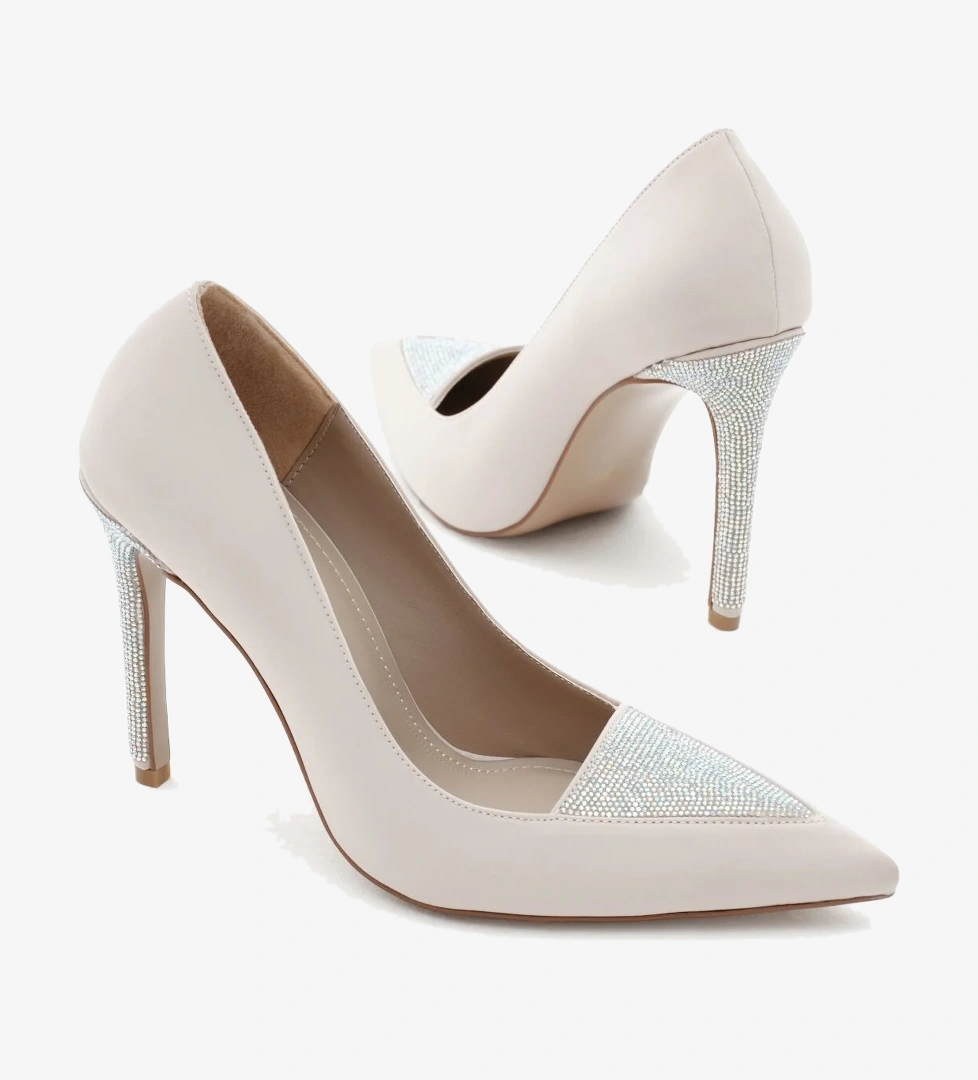 Kadın Bej Neolit Taban Önü ve Topuğu Taşlı Sivri Burunlu Yüksek Topuklu Ayakkabı - Görsel 1