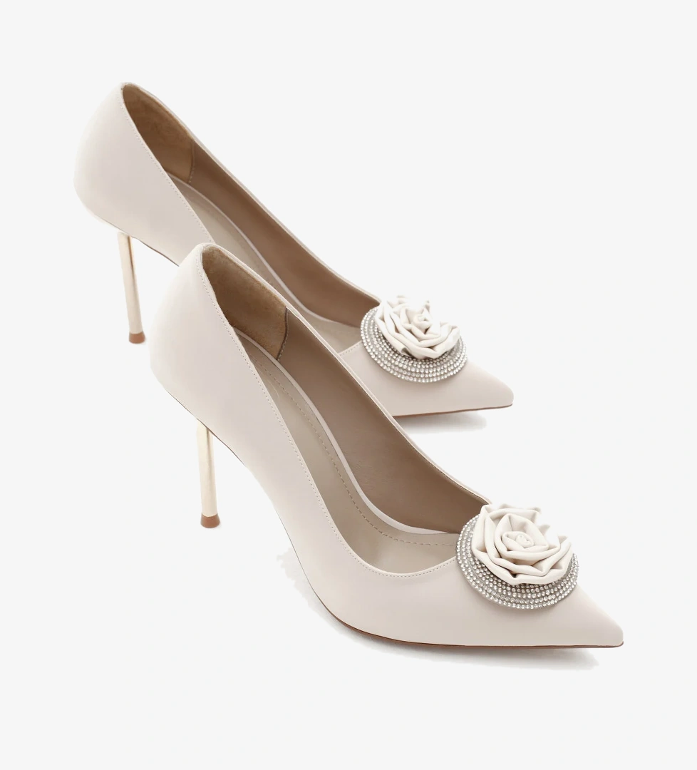 Kadın Bej Neolit Taban Önü Gül Desenli Taşlı Sivri Burunlu Yüksek Topuklu Ayakkabı - Görsel 1