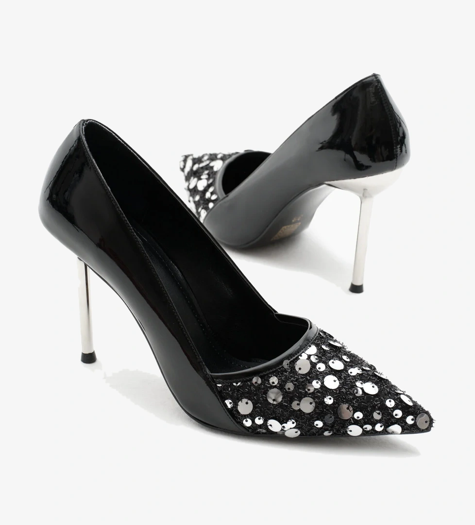 Kadın Siyah Neolit Taban Payetli Sivri Burunlu Yüksek Topuklu Ayakkabı - Görsel 1