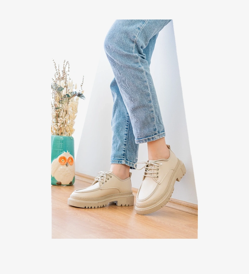 Retro Bej Günlük Kullanım Loafer Kadın Ayakkabı