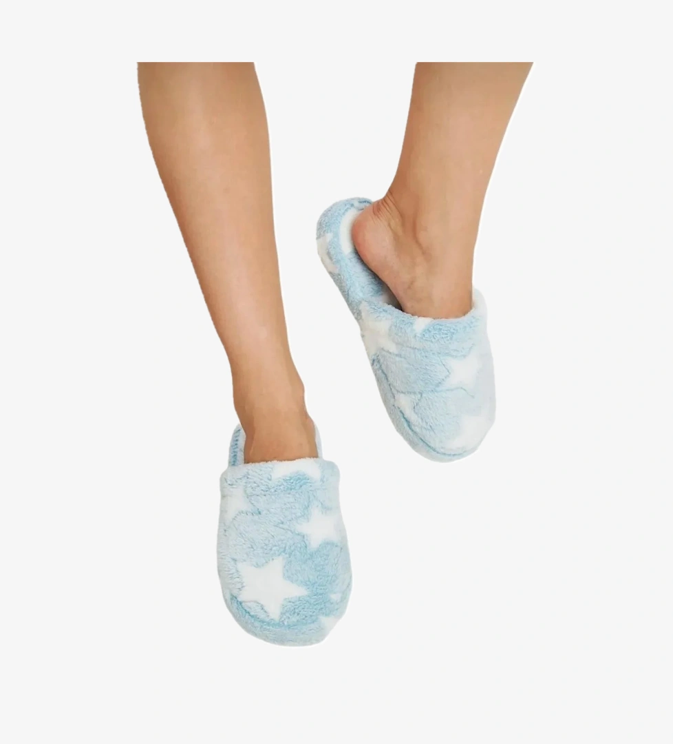 Önü Kapalı Yıldız Baskılı Peluş Kadın Ev Terliği MAVİ