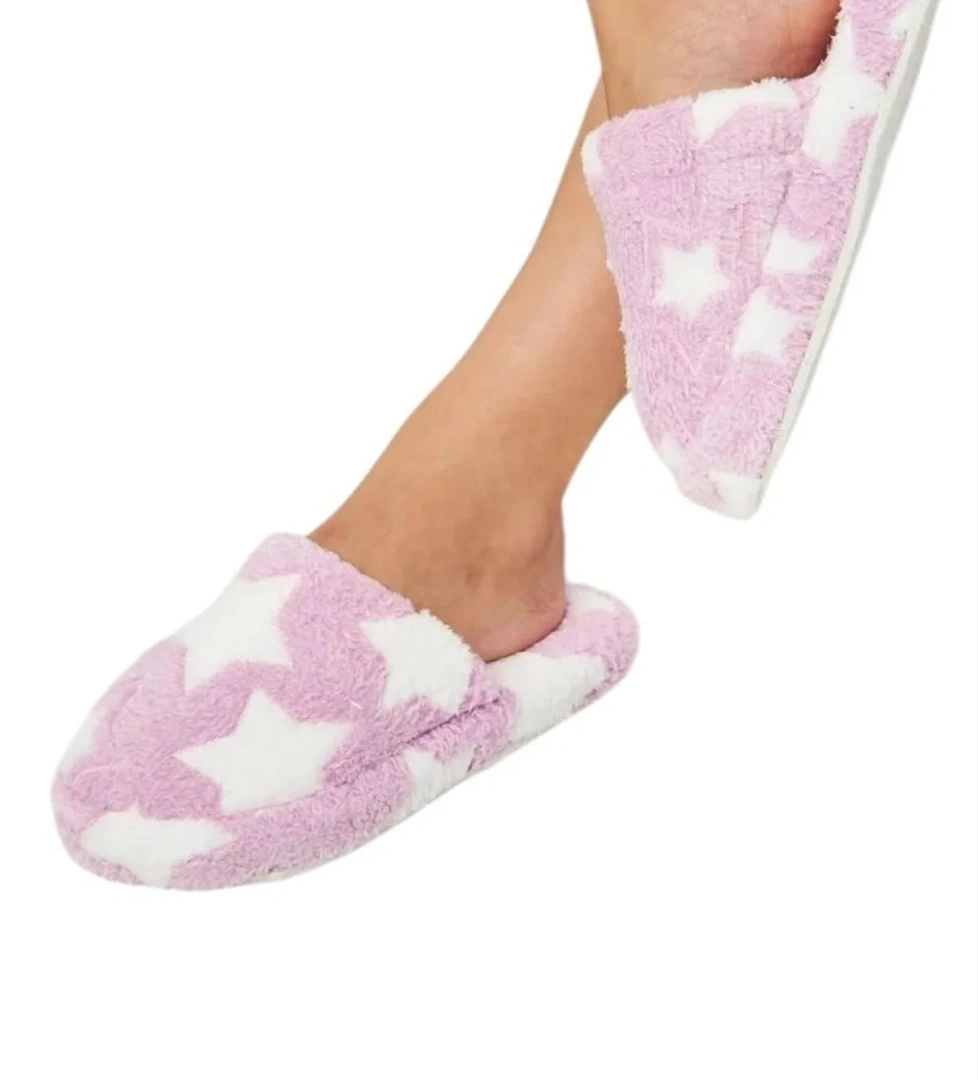 Önü Kapalı Yıldız Baskılı Peluş Kadın Ev Terliği Lila