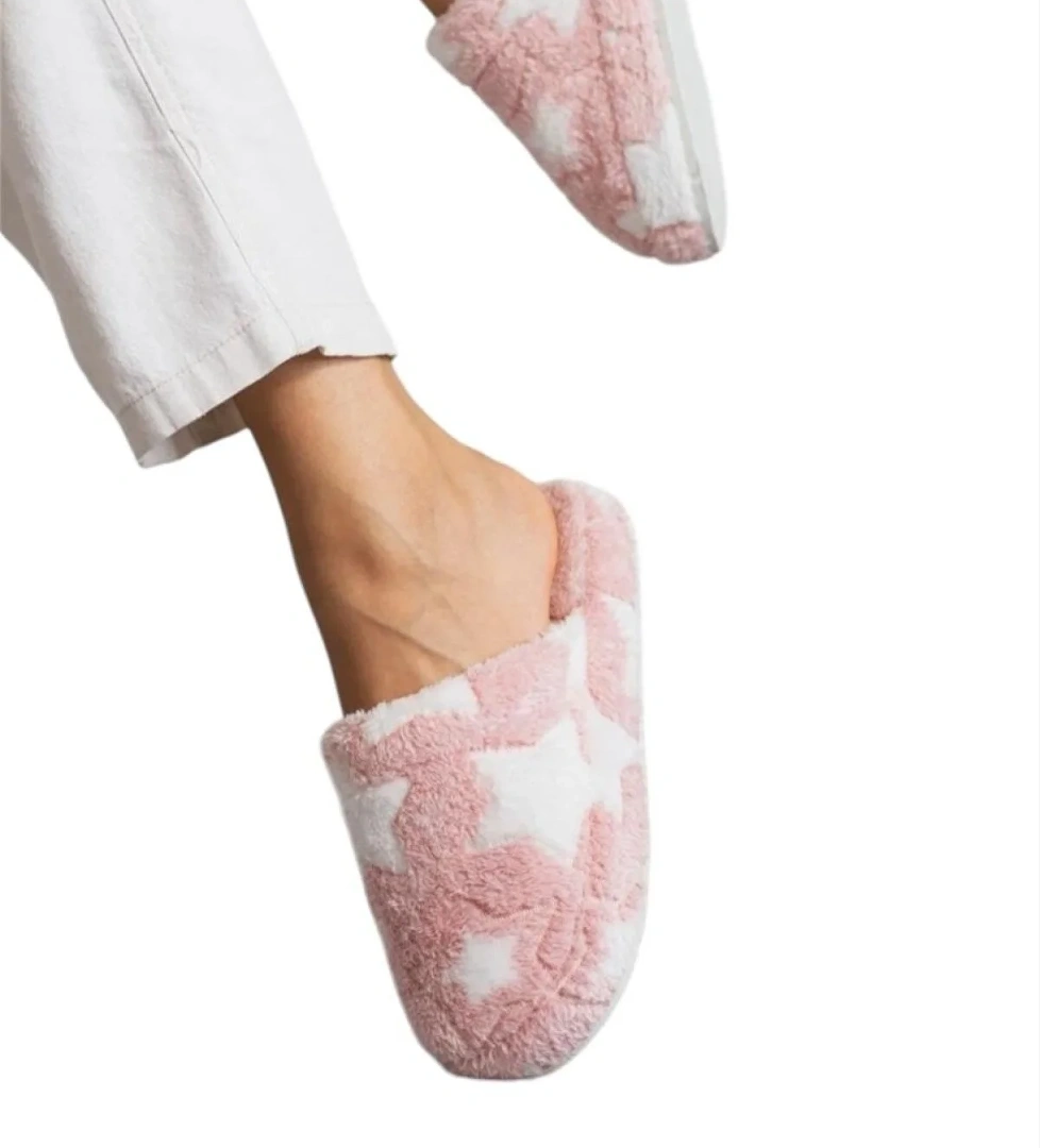 Önü Kapalı Yıldız Baskılı Peluş Kadın Ev Terliği PUDRA