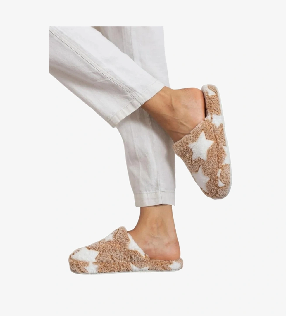 Önü Kapalı Yıldız Baskılı Peluş Kadın Ev Terliği VİZON