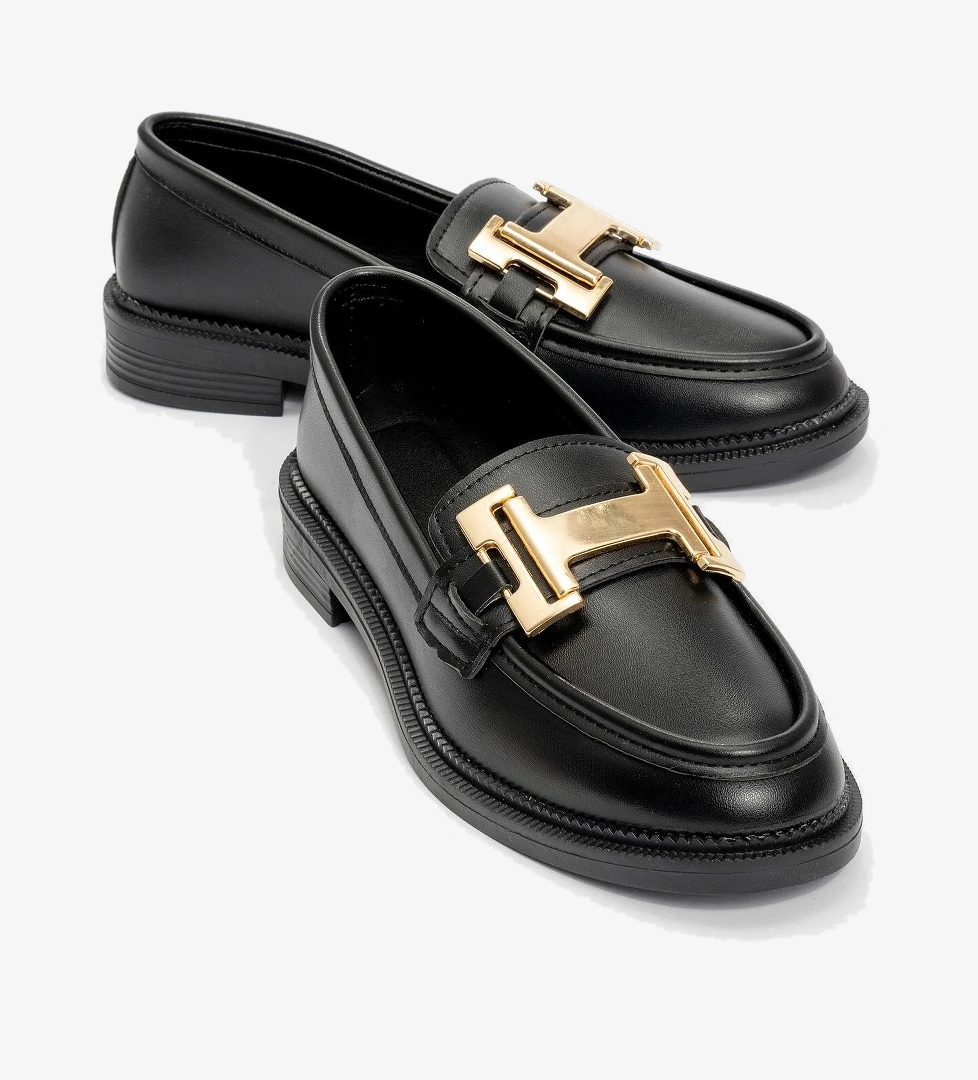 Kadın Tokalı Loafer Ayakkabı SİYAH CİLT