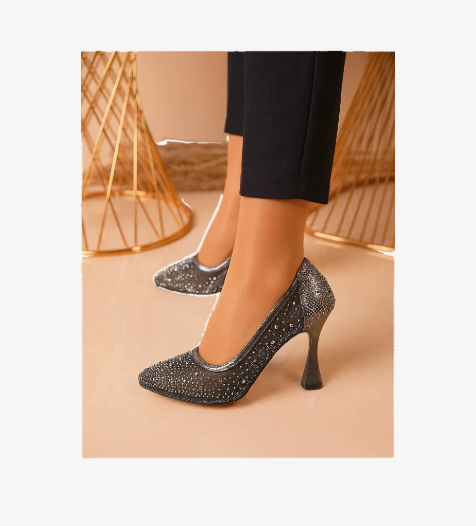 Feles Taş Dantel Detaylı Sindirella Ayakkabısı Kadın Stiletto Topuklu Ayakkabı model görseli