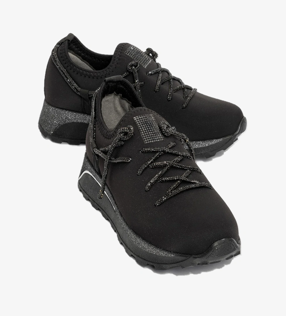 Ccway Kadın Taş Bağcıklı Streç Spor Ayakkabı Si̇yah Plati̇n model görseli