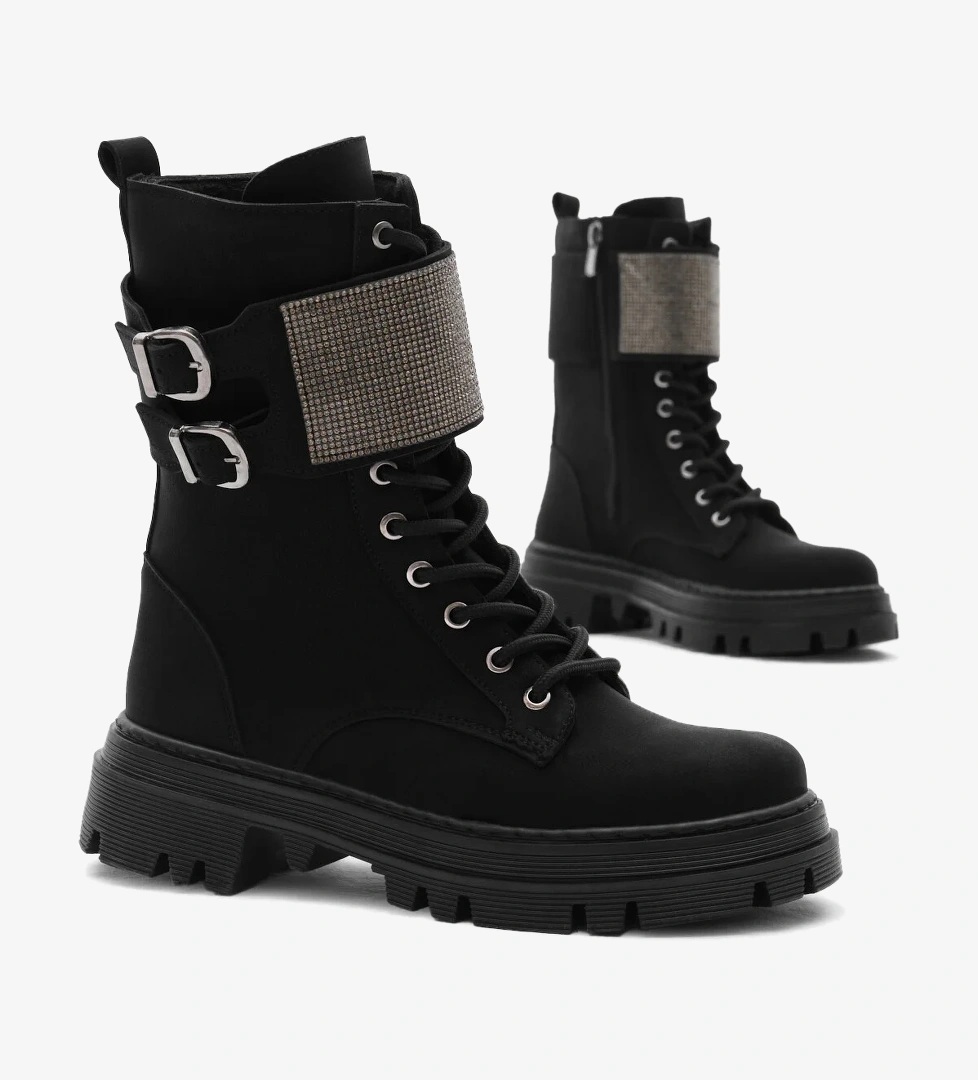 Kadın Siyah Mat Termo Taban Yanı Çift Tokalı Taşlı Bağcıklı ve Fermuarlı Bot