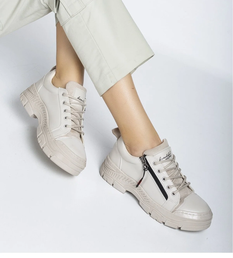 Kadın Bej Termo Taban Fermuar Detaylı Bağcıklı Günlük Ayakkabı