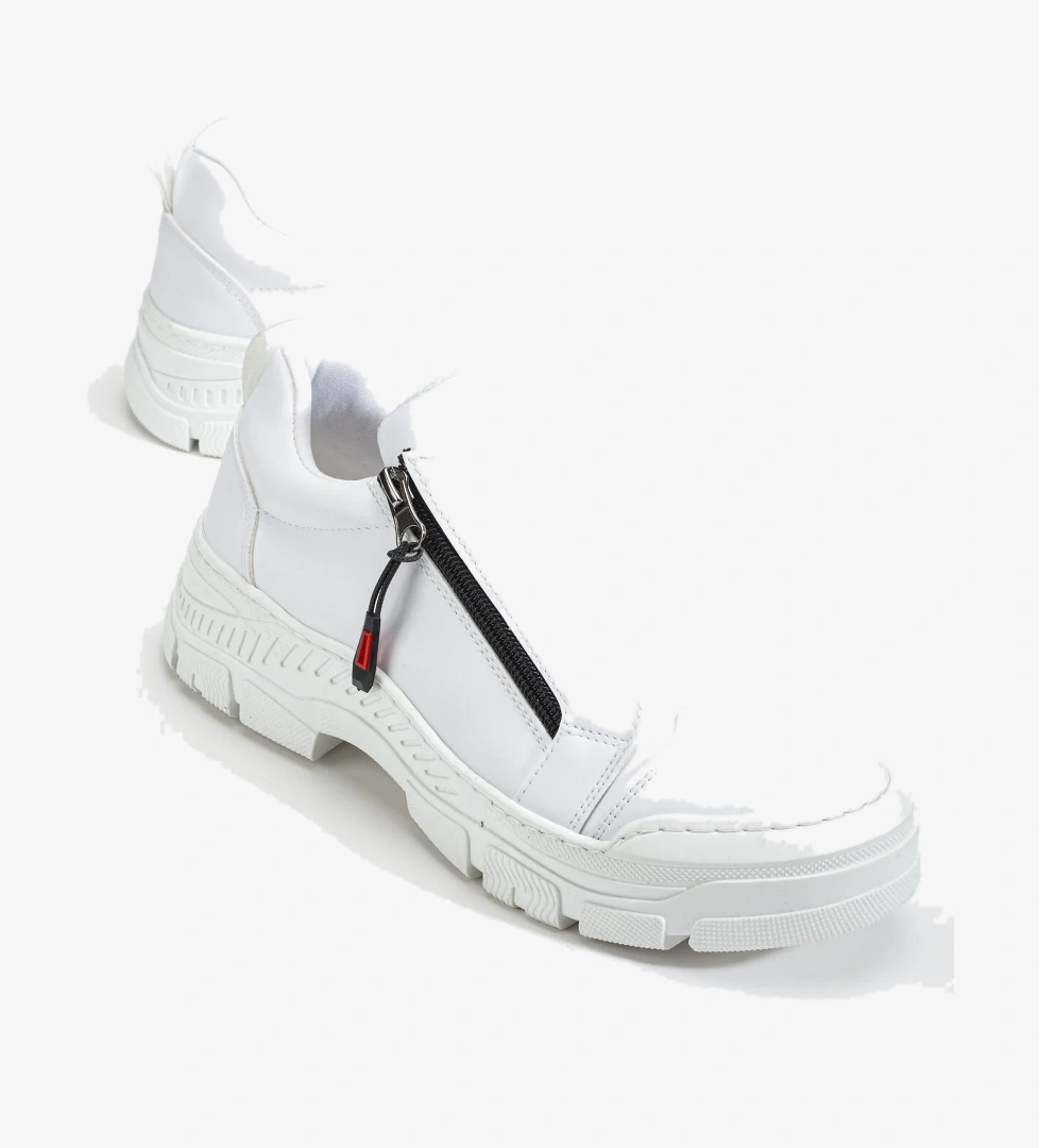 Kadın Beyaz Termo Taban Fermuar Detaylı Bağcıklı Günlük Ayakkabı