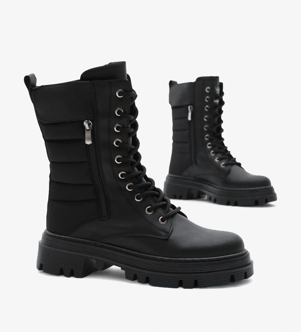 Kadın Siyah Cilt Termo Taban Nakışlı Dilim Desenli Cırtlı Bağcıklı ve Fermuarlı Bot