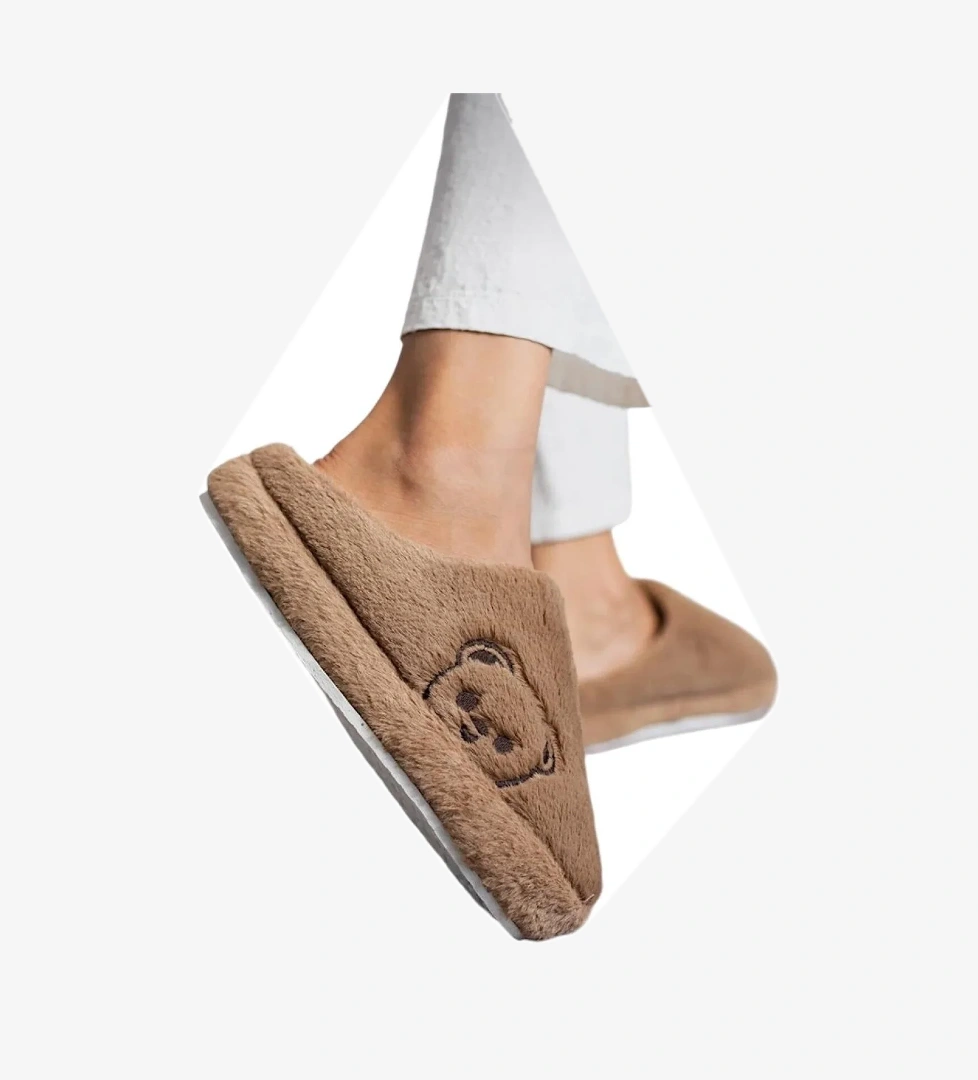 Önü Kapalı Ayıcık Baskılı Peluş Kadın Ev Terliği VİZON