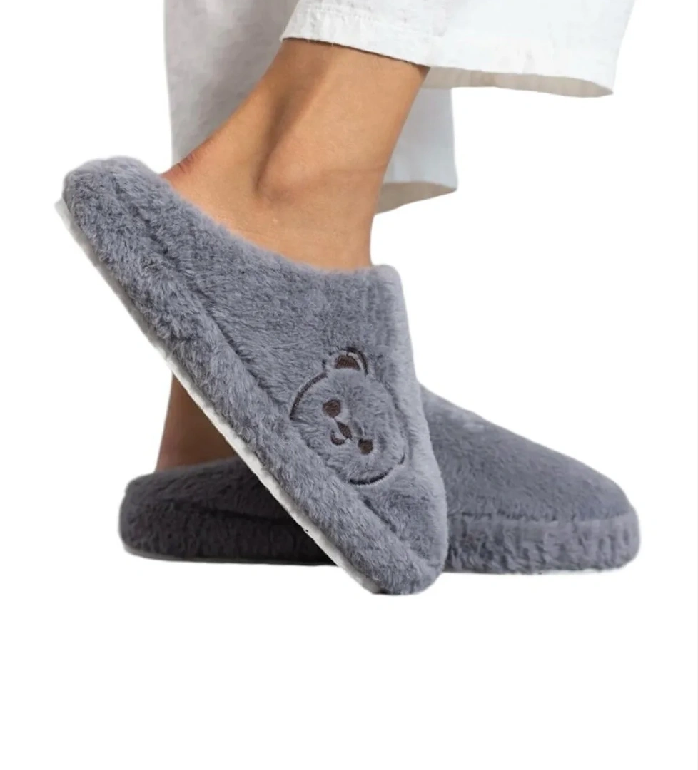 Önü Kapalı Ayıcık Baskılı Peluş Kadın Ev Terliği GRİ