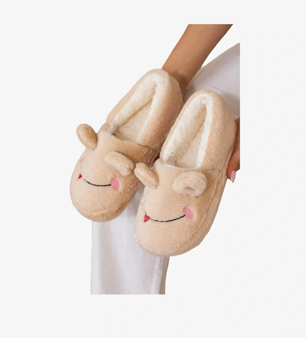 Kışlık Kadın Panduf Ev Ayakkabısı | Kurbağa Figürlü | Kaydırmaz Taban BEJ