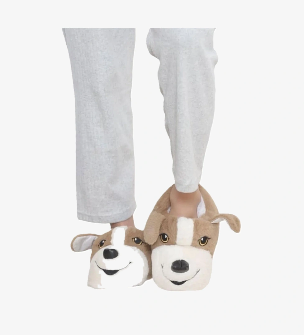 Unisex Sevimli Köpek Figürlü Kaymaz ve Ses Yapmaz Taban Ev Panduf BEJ