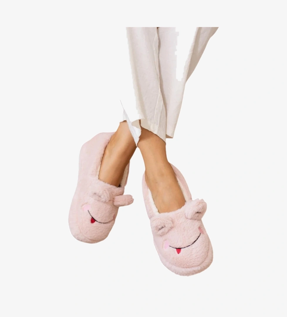 Kışlık Kadın Panduf Ev Ayakkabısı | Kurbağa Figürlü | Kaydırmaz Taban PUDRA