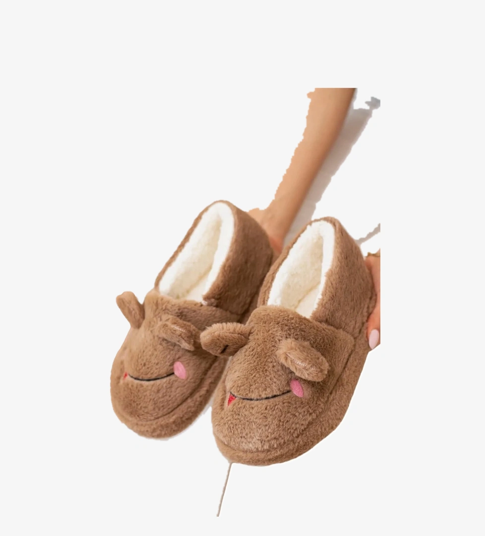 Kışlık Kadın Panduf Ev Ayakkabısı | Kurbağa Figürlü | Kaydırmaz Taban VİZON