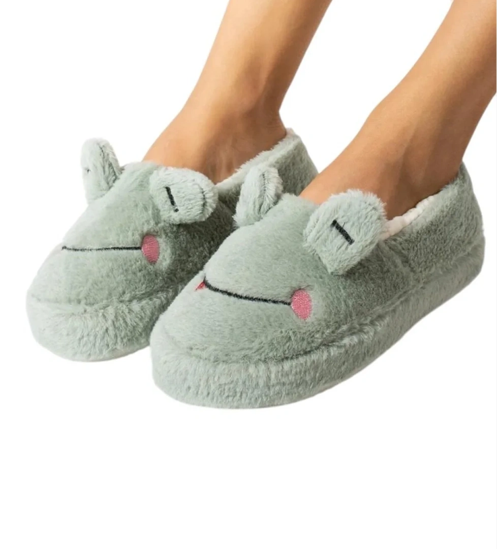 Kışlık Kadın Panduf Ev Ayakkabısı | Kurbağa Figürlü | Kaydırmaz Taban YEŞİL - Görsel 1