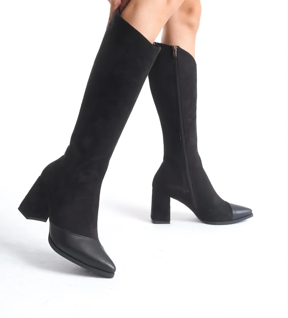 Modabuymuş Across Siyah Süet Kalın Topuklu Sivri Burun Çizme model görseli