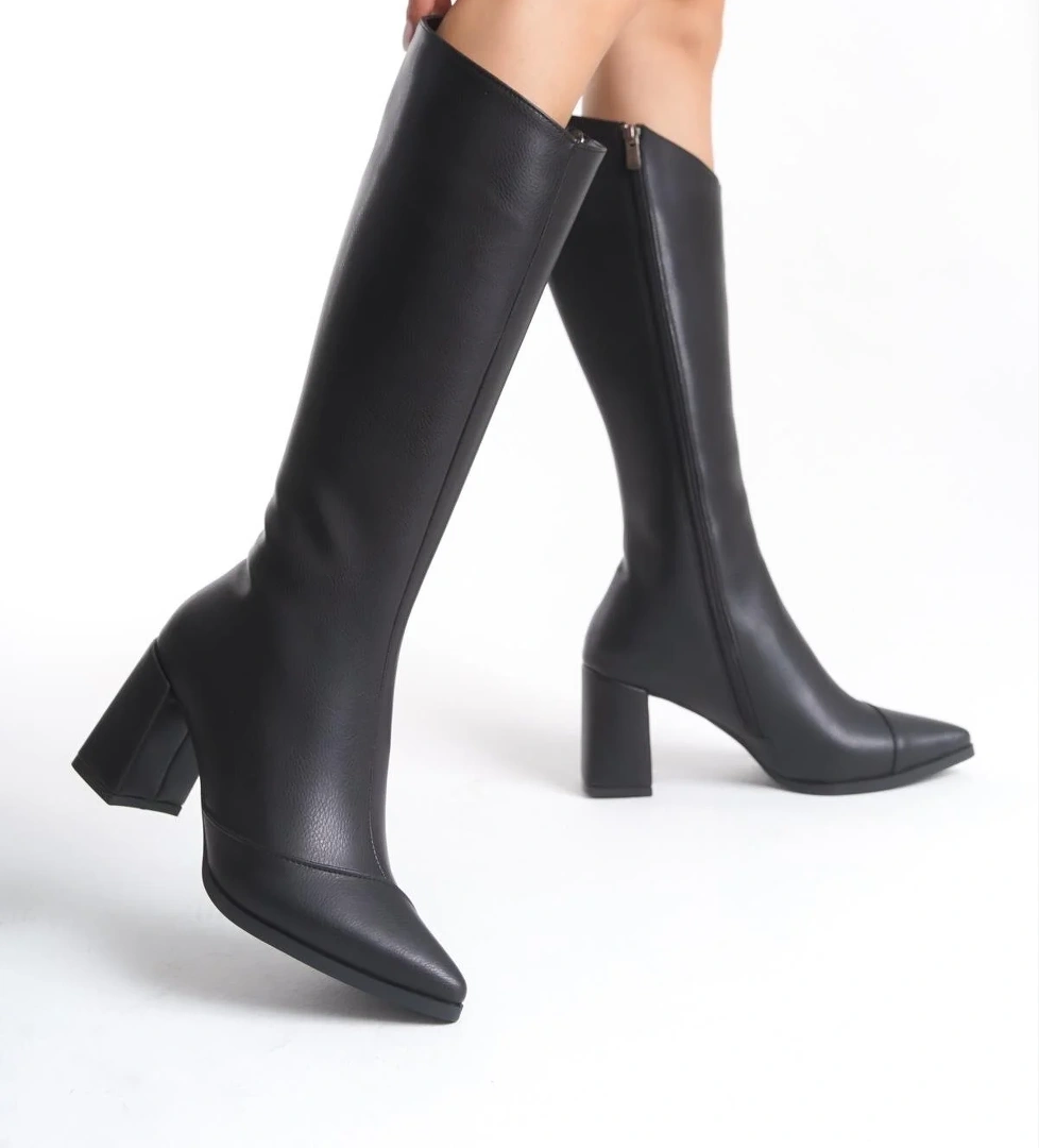 Across Siyah Kalın Topuklu Sivri Burun Çizme - Görsel 1