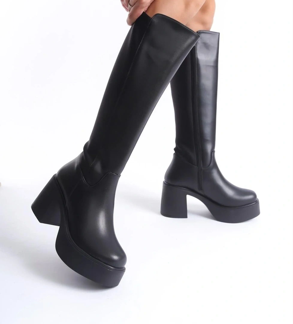 Lostar Siyah Streç Arkası Esnek Yüksek Kalın Platform Topuklu Çizme - Görsel 1