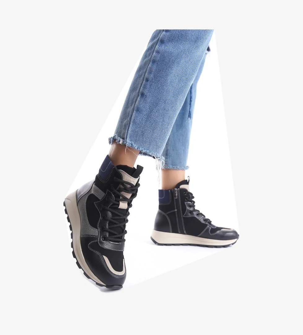 Misref Siyah Lacivert Sneaker Günlük Hafif Spor Bot Ayakkabı - Görsel 1