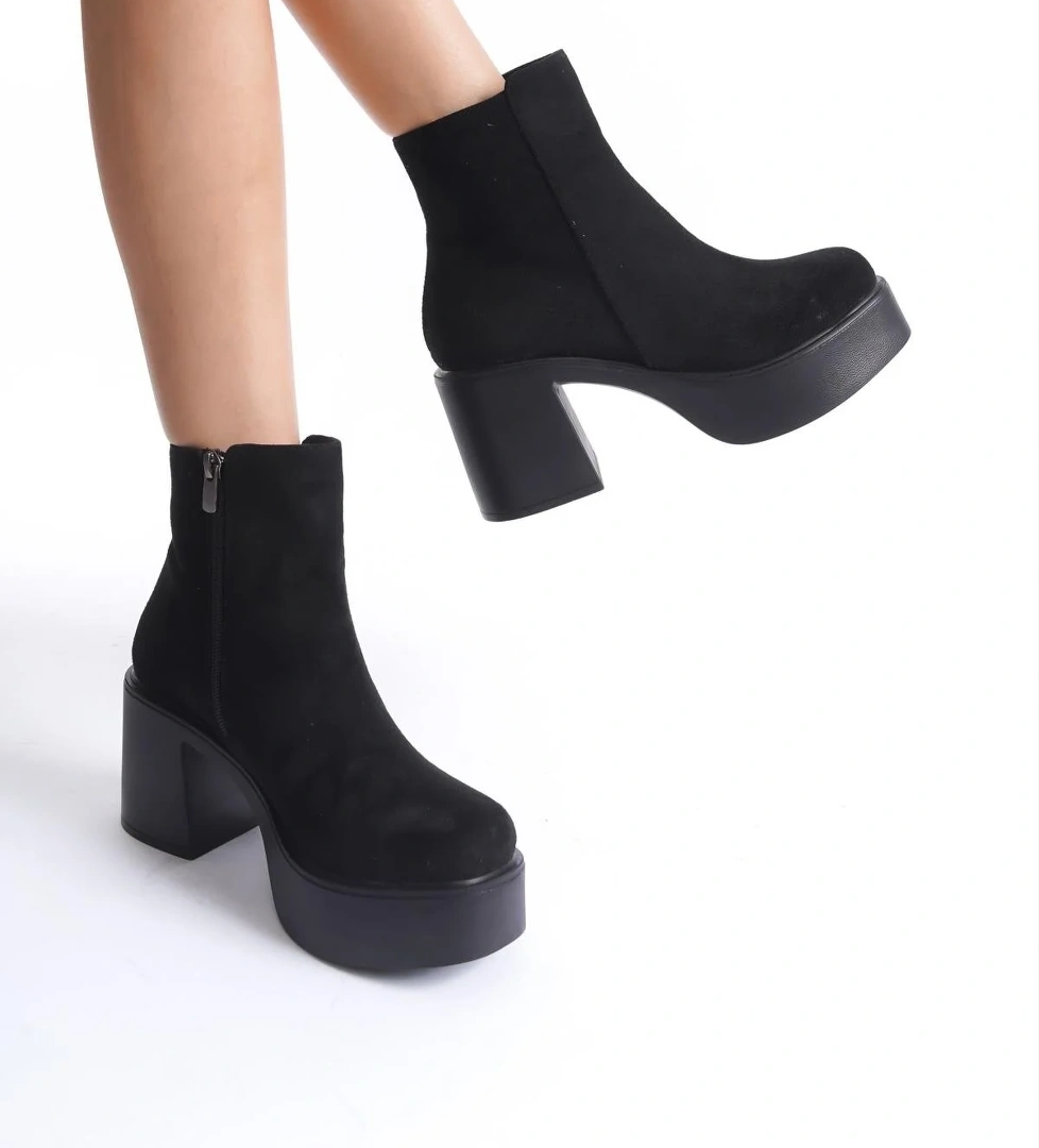 Hancez Siyah Süet Yüksek Kalın Platform Topuklu Bot