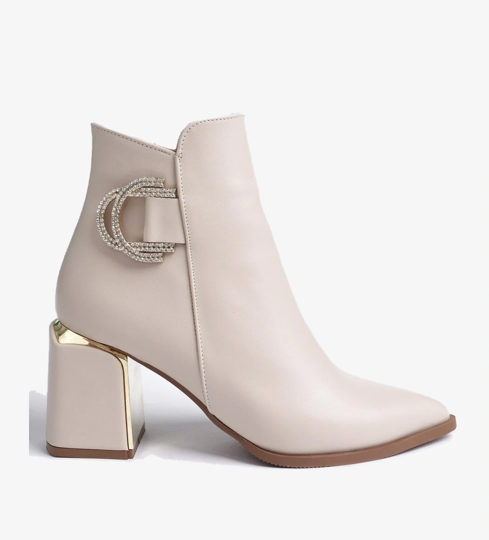 QADRA Garantili Sivri Burun Kalın Topuklu Toka Detaylı Fermuarlı Kadın Bot