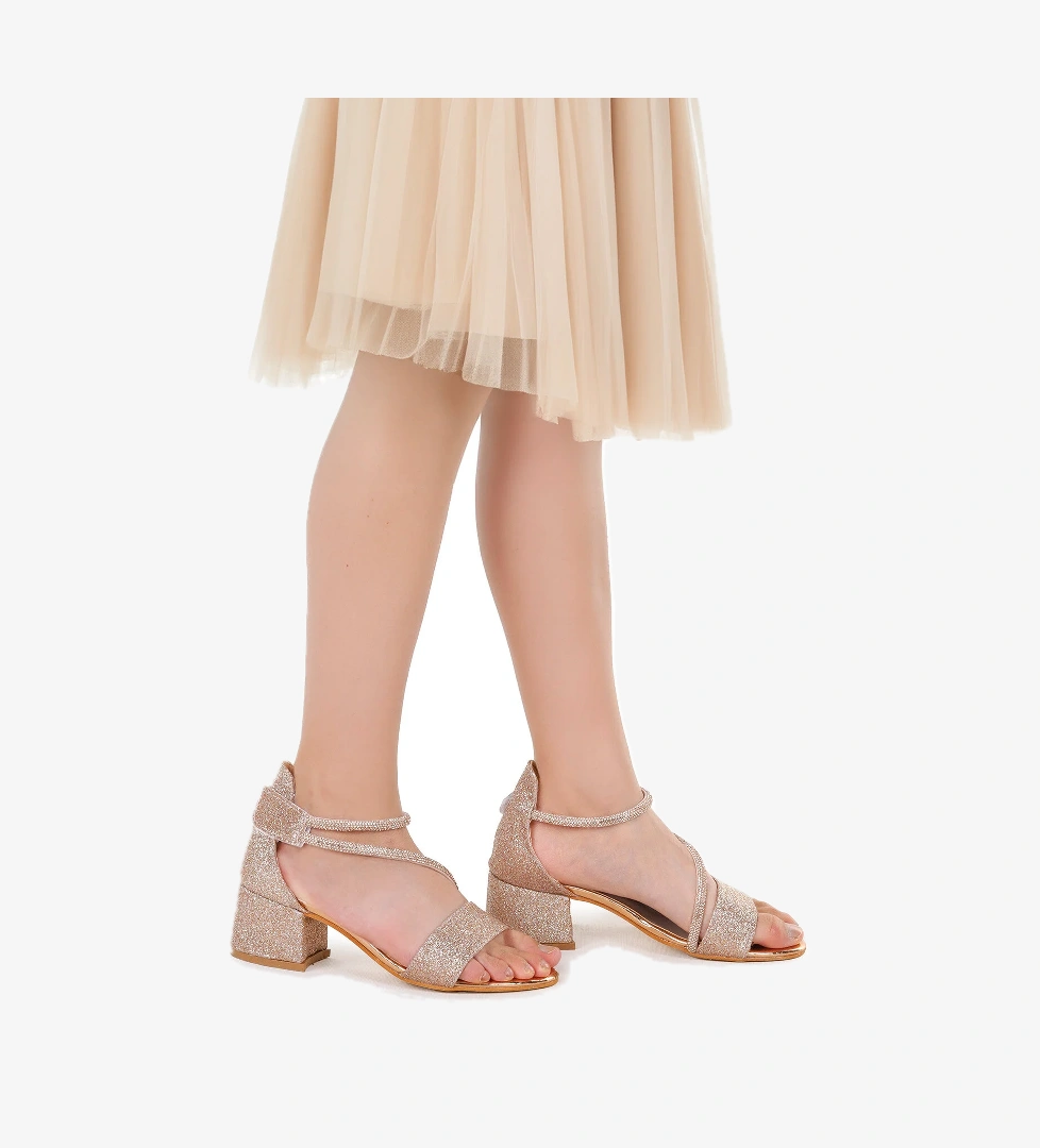 Pisar Kum Simli Günlük Kız Çocuk 4 Cm Topuklu Sandalet Abiye Ayakkabı Bakır