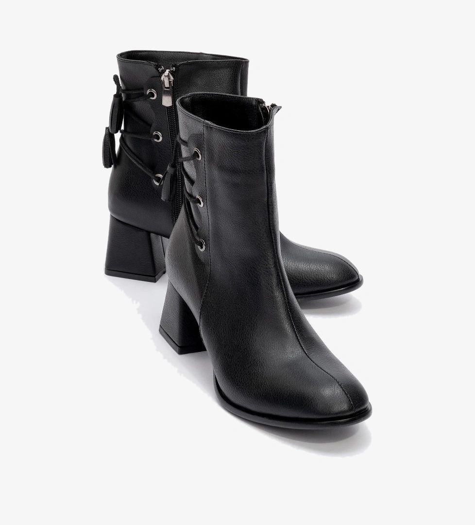 Bağcık Detaylı Fermuarlı Kadın Topuklu Bot SİYAH CİLT - Görsel 1