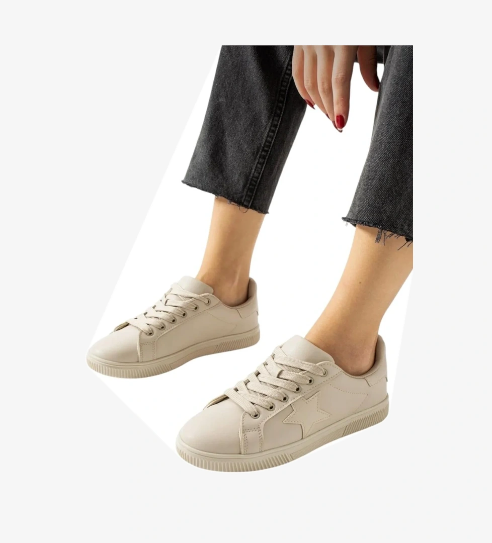 Yıldızlı Spor Kadın Sneaker Ayakkabı BEJ - Görsel 1