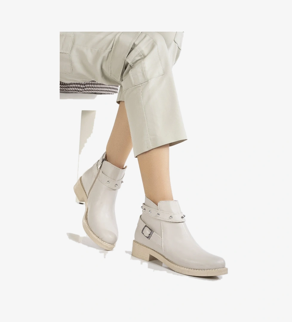 Kadın Ten Cilt Termo Taban Tokalı Yanı Fermuarlı Kısa Topuklu Bot