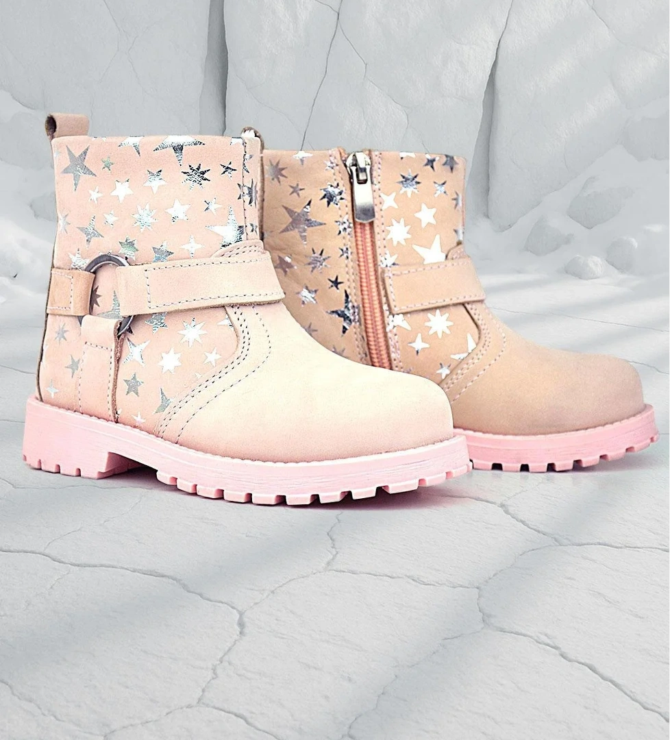 Rakerplus Chiron Hakiki Deri Pudra Yıldız Desenli Fermuarlı Kürklü Kız Çocuk Bot model görseli