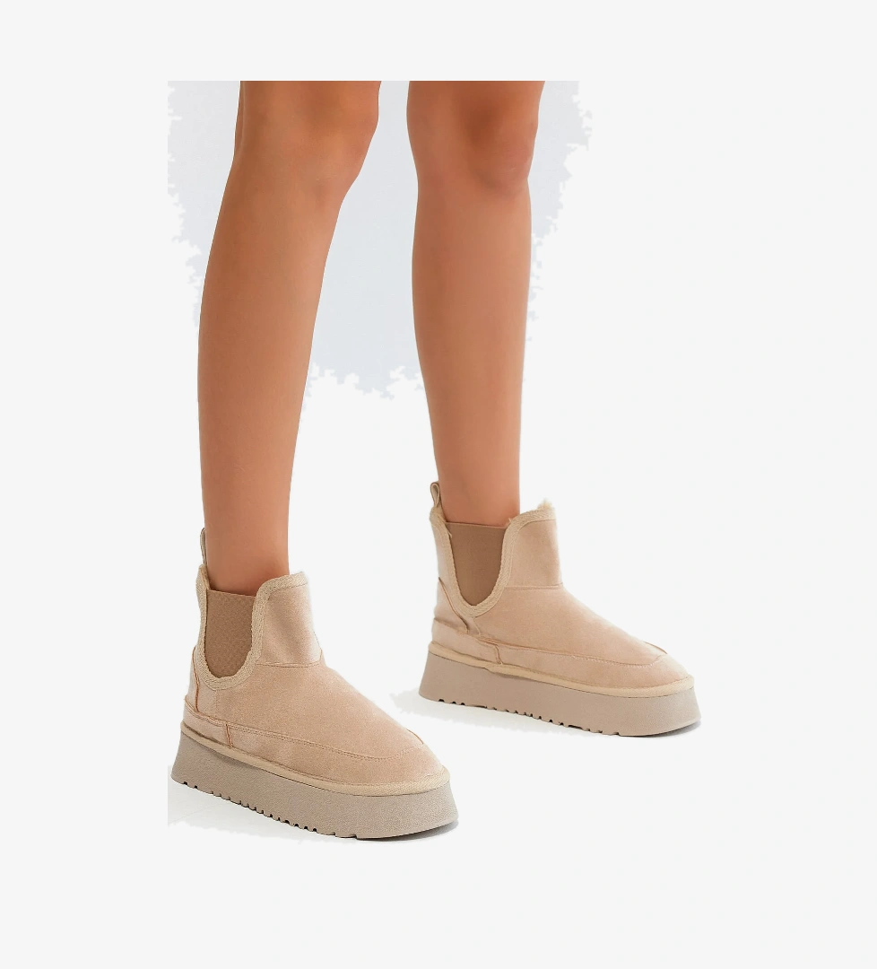 Kadın Bej Süet Rahat Kalıp Lastikli Kürklü Süet Bot