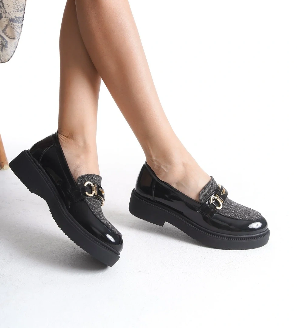 Admi Siyah Rugan Ekoseli Oxford Günlük Kadın Ayakkabı - Görsel 1