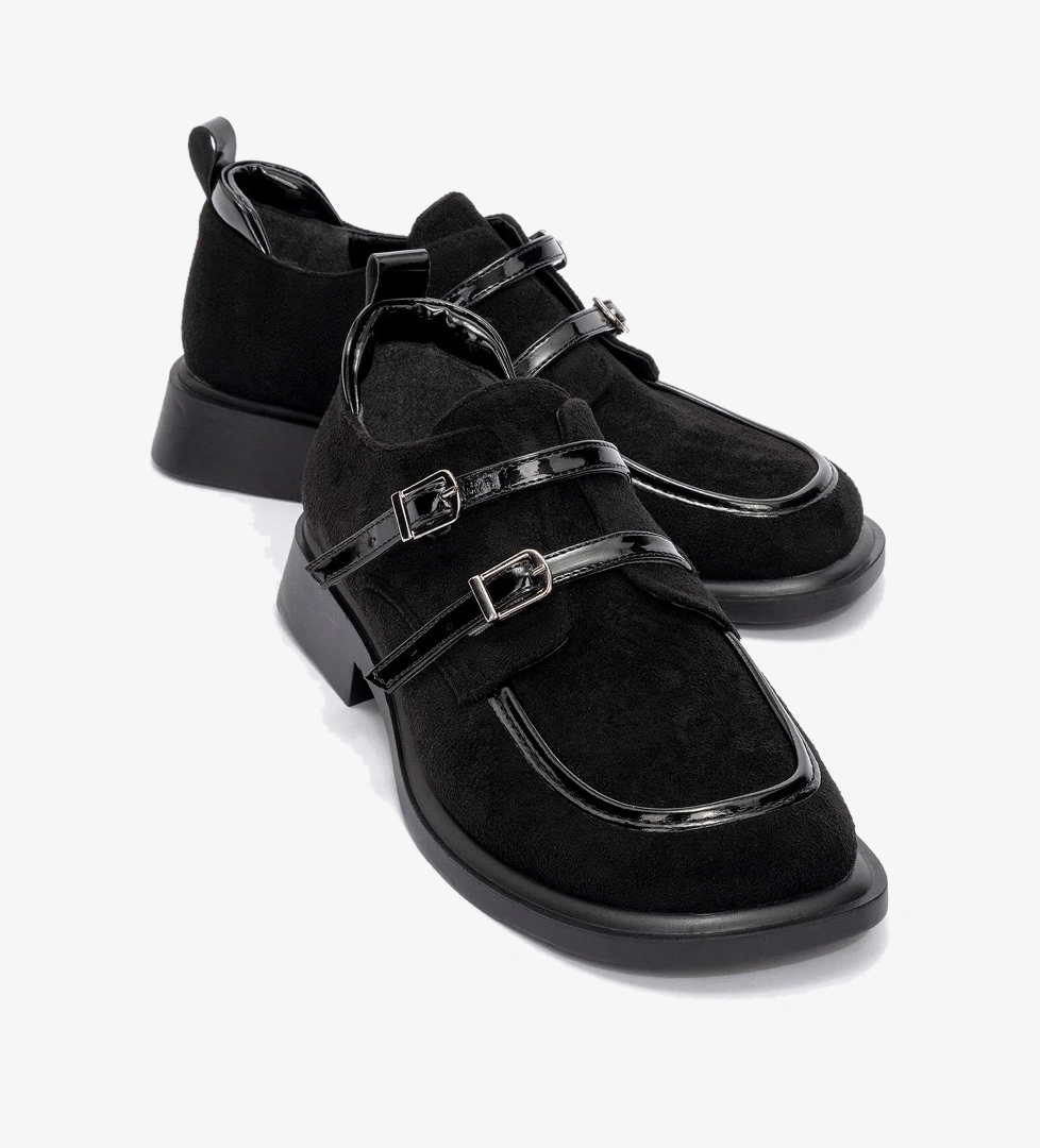 Kadın Tokalı Kolej Ayakkabı SİYAH SÜET SİYAH RUGAN