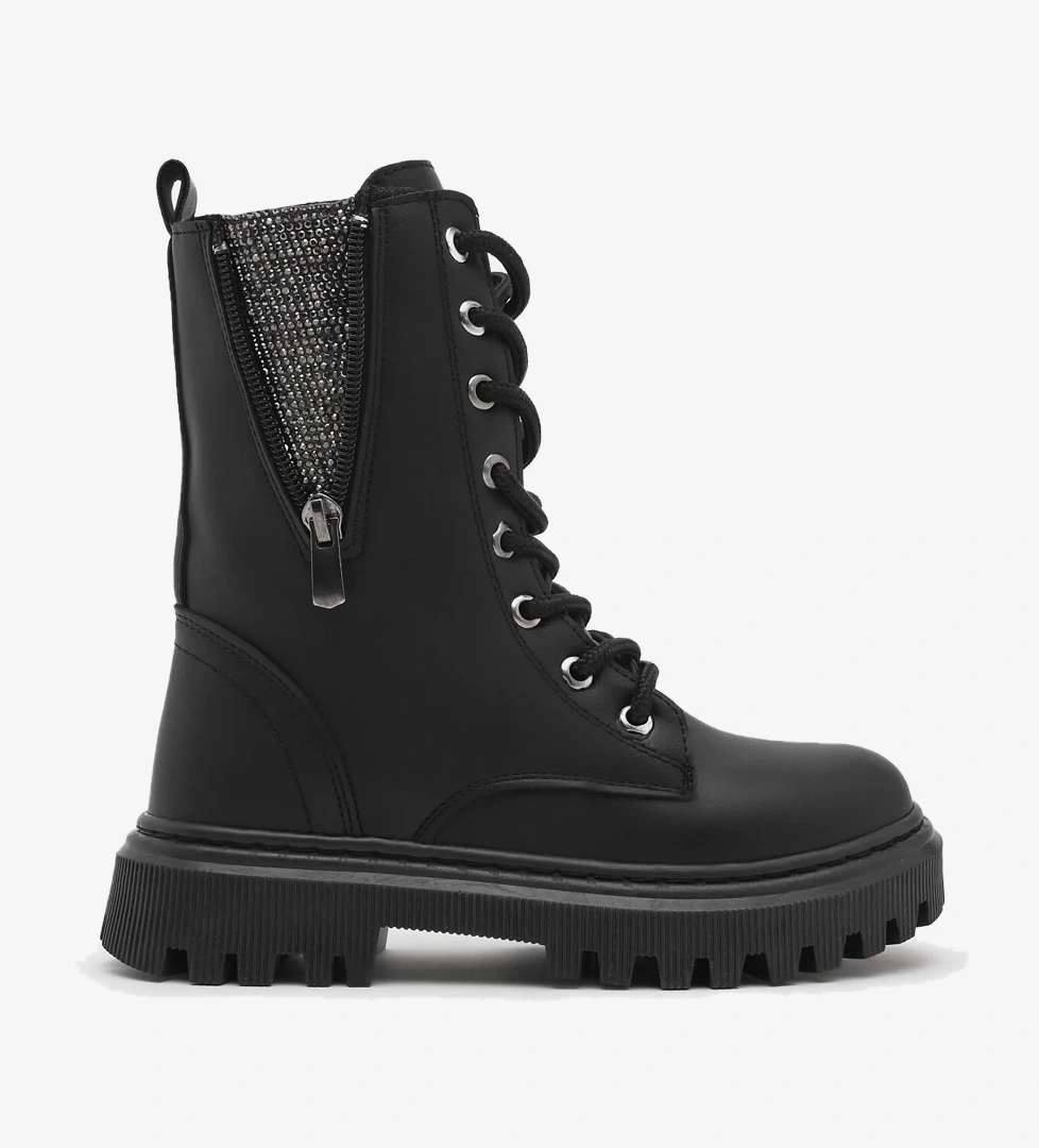 Kız Çocuk Siyah Cilt Termo Taban Yanı Fermuarlı Taş Detaylı Bağcıklı ve Fermuarlı Bot