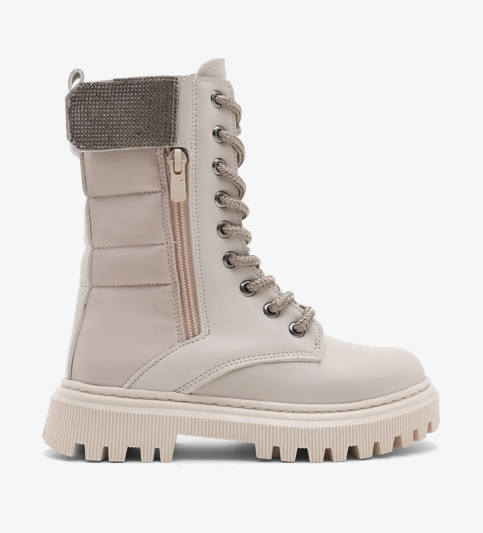 Kız Çocuk Bej Cilt Termo Taban Taş Detaylı Fermuarlı ve Bağcıklı Cırtlı Bot