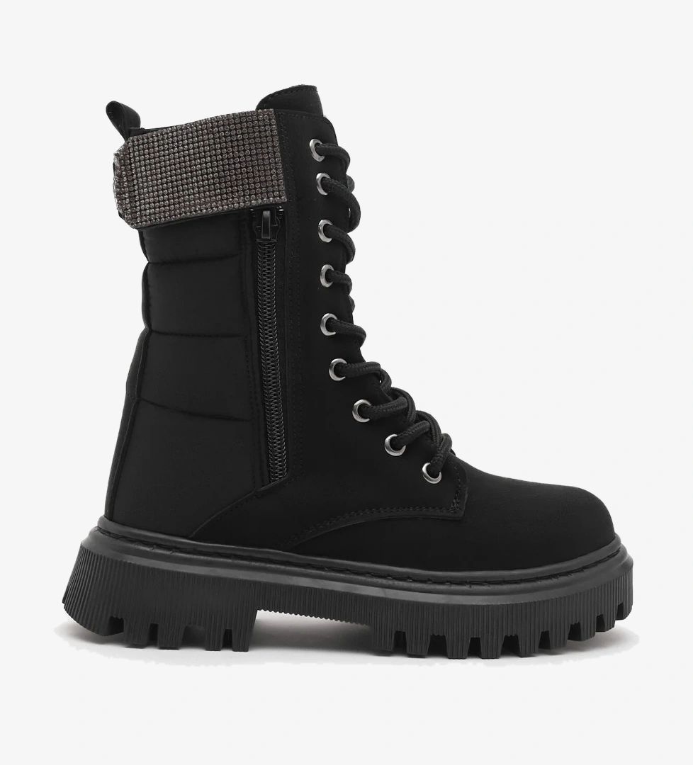 Kız Çocuk Siyah Mat Termo Taban Taş Detaylı Fermuarlı ve Bağcıklı Cırtlı Bot - Görsel 1