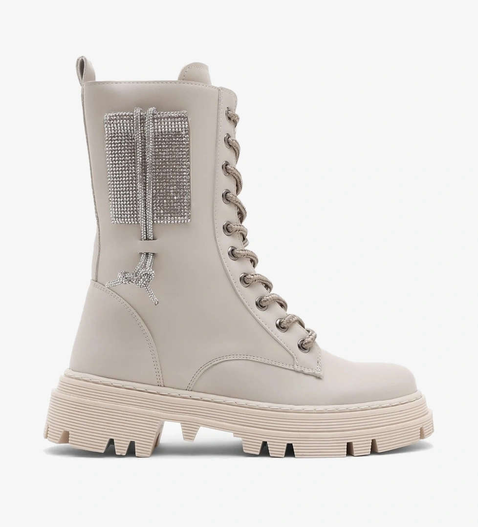 Kadın Bej Cilt Termo Taban Yanı Taşlı Bağcıklı ve Fermuarlı Bot