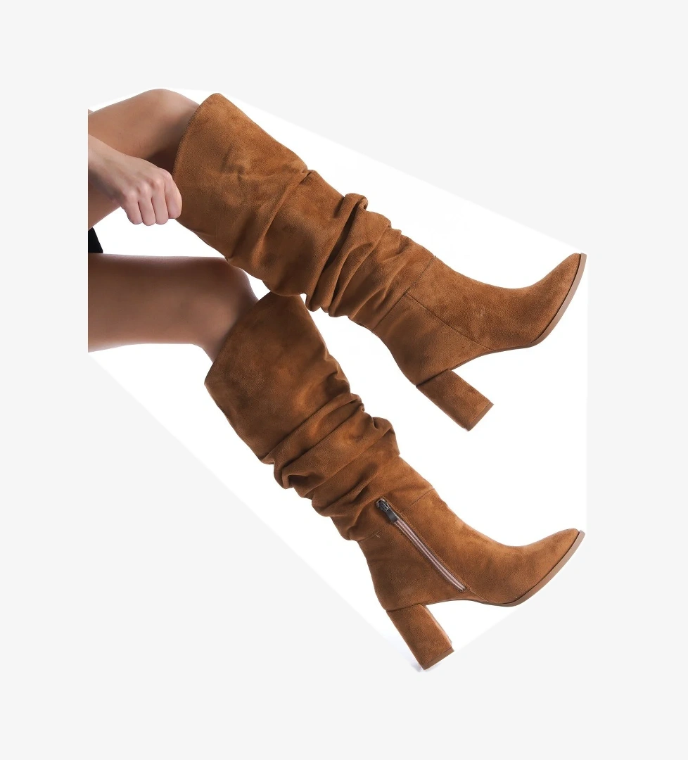 Kc Taba Süet Kalın Topuklu Kürüklü Kırışık Çizme - Görsel 1