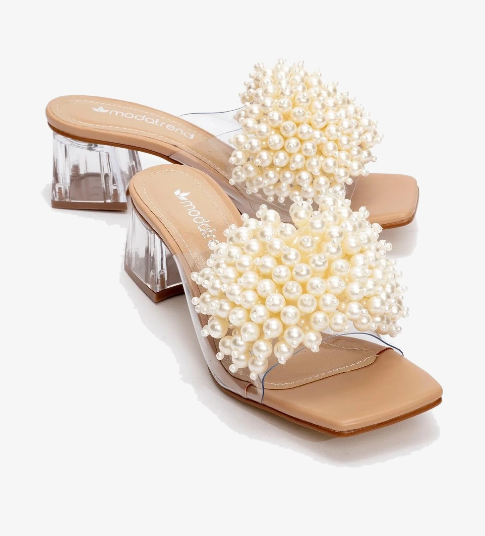 Kadın İncili Topuklu Terlik TEN CİLT