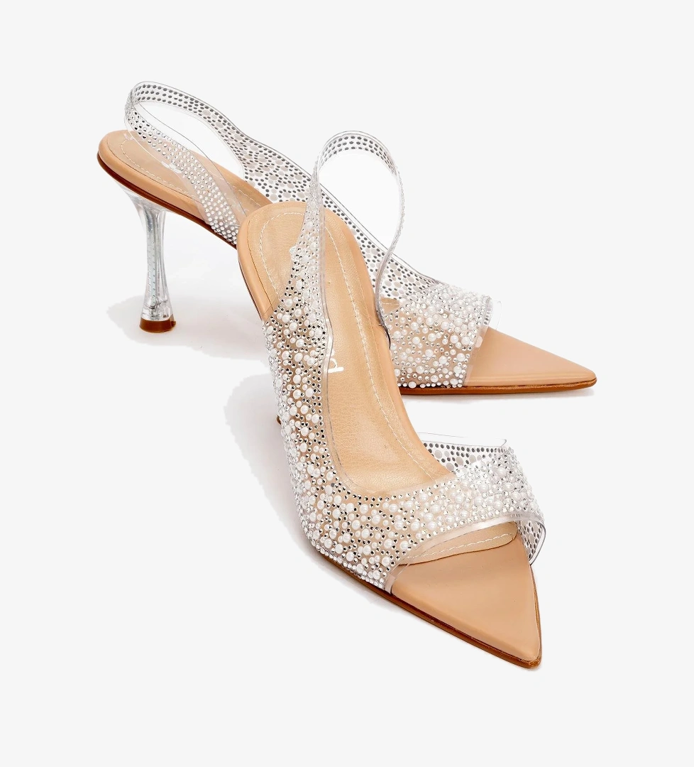 Ccway Kadın Taşlı Açık Burun Topuklu Ayakkabı TEN CİLT model görseli