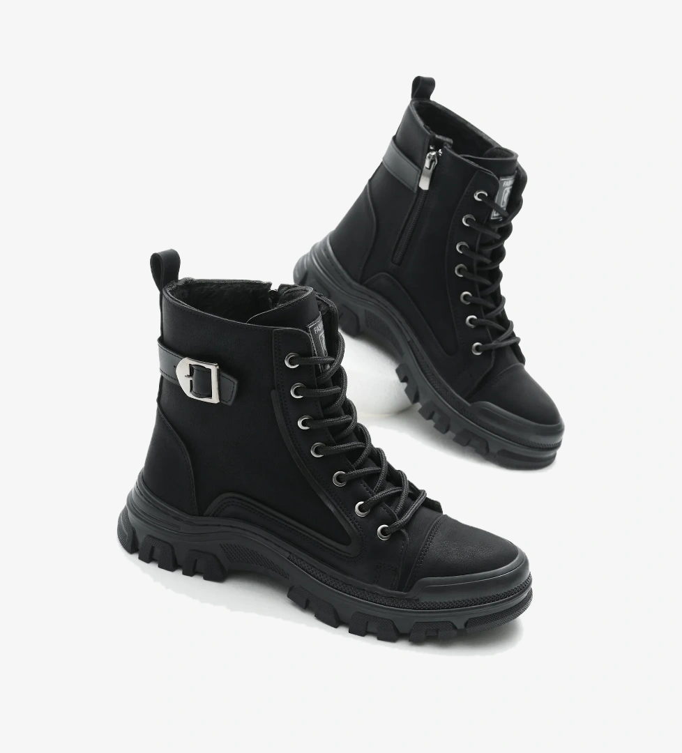 Kadın Siyah Mat Termo Taban Yanı Tokalı Bağcıklı ve Fermuarlı Bot